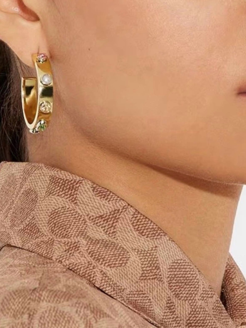 Gold Hoop Earrings with Multicolor Stones - Designer Style - Picture 2 of 7